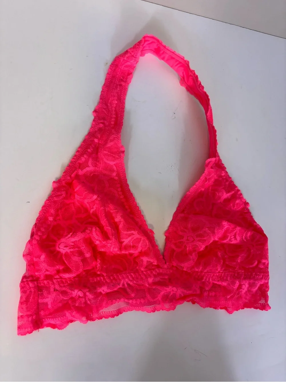 PINK Victoria's Secret Neon Pink Lace Halter Bralette - Bright Pink Medium